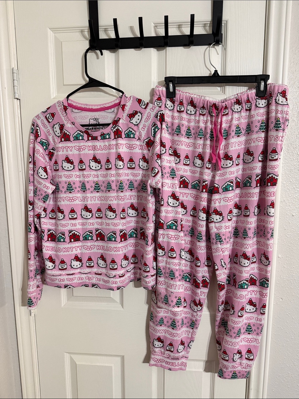 Hello Kitty Pink Holiday Pajama Set with Snowman & Tree Print